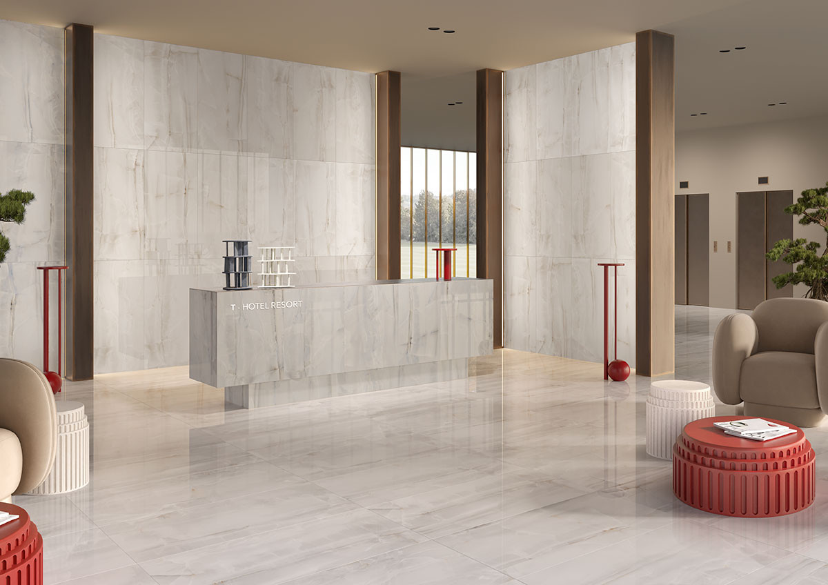 Pavimento in gres porcellanato serie White Marble colore Onice Perla