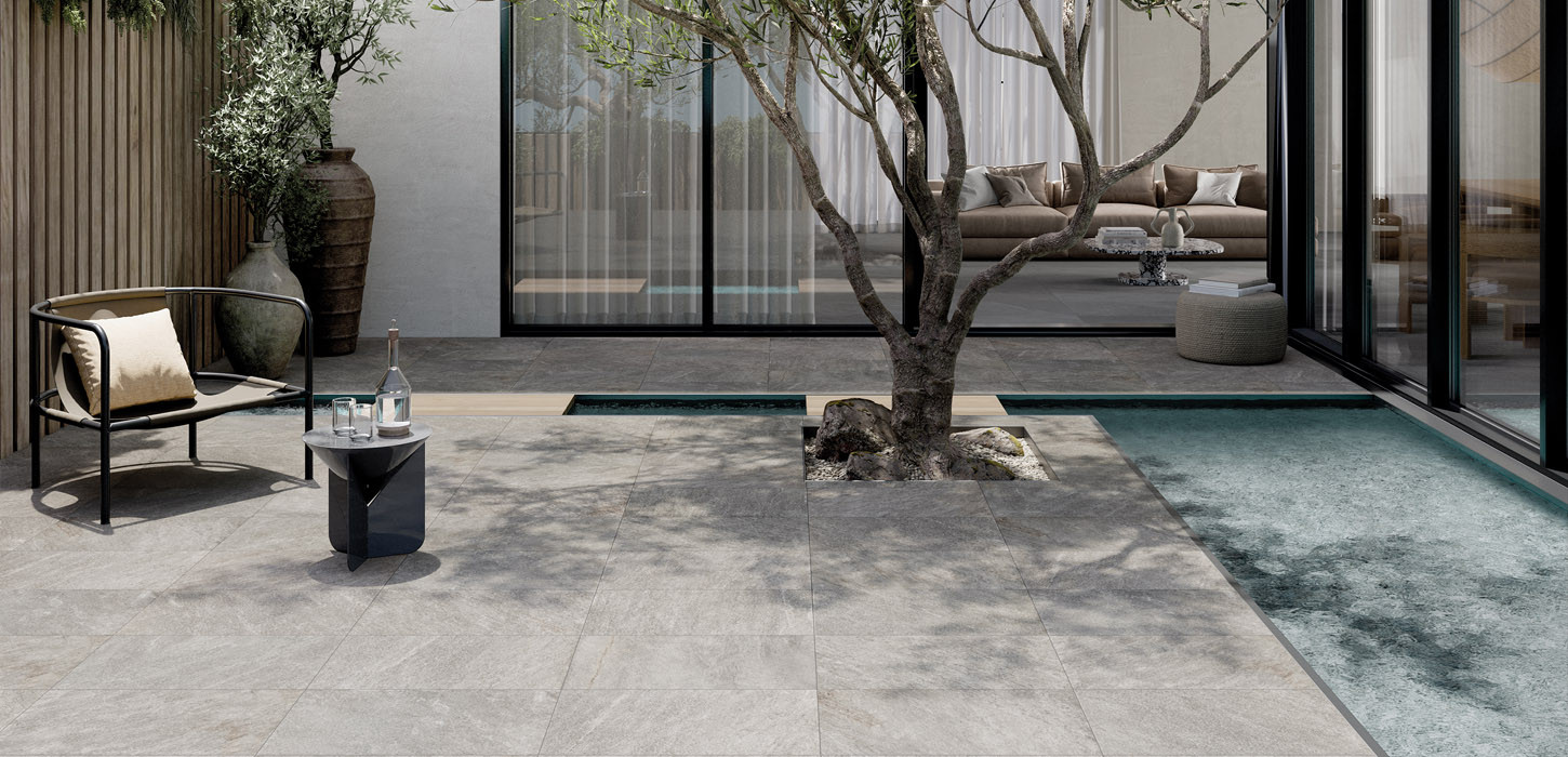 Pavimento gres porcellanato effetto pietra serie GEOS LIGHT GREY per esterno 30.5x60.5 cm