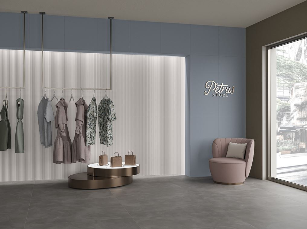 Pavimento e rivestimento in gres porcellanato serie ANNI '70 colore Gessato Perlato 60x120 cm