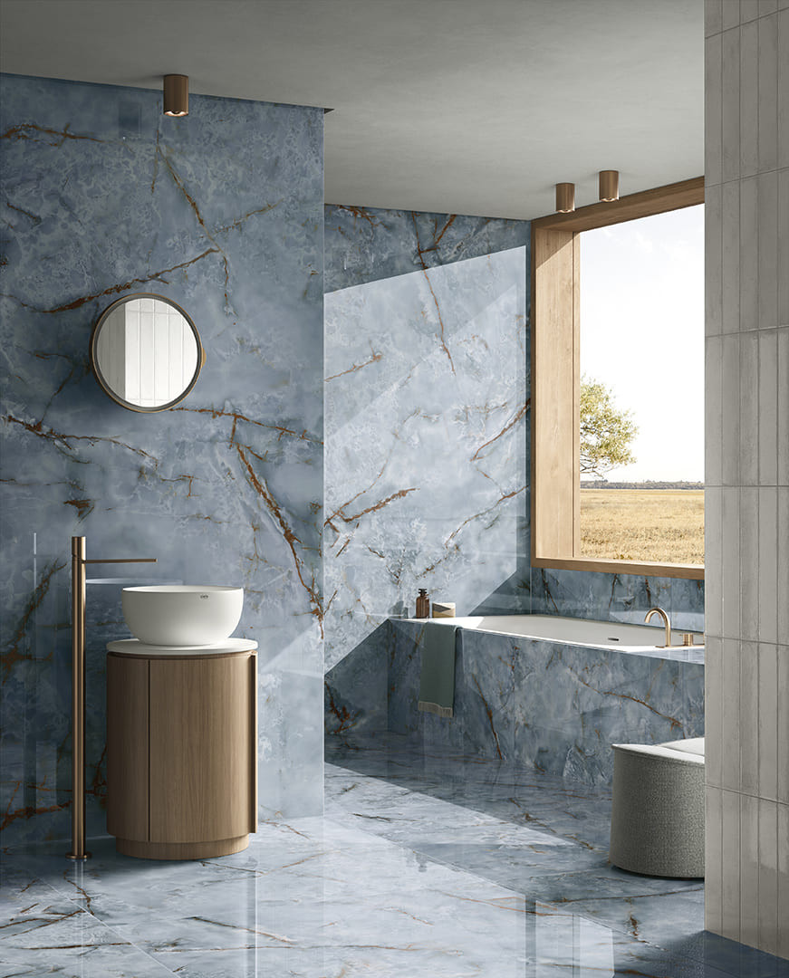 Pavimento in gres porcellanato LUCIDO serie PREMIERE colore ONICE AZZURRO
