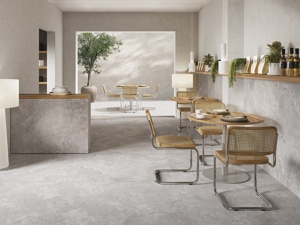 Pavimento e rivestimento in gres porcellanato Crosscut Grigio Naturale serie TRAVERTINO by Saime Ceramica