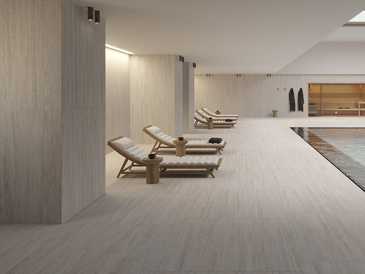 Pavimento e rivestimento in gres porcellanato Veincut Perla Naturale serie TRAVERTINO by Saime Ceramica