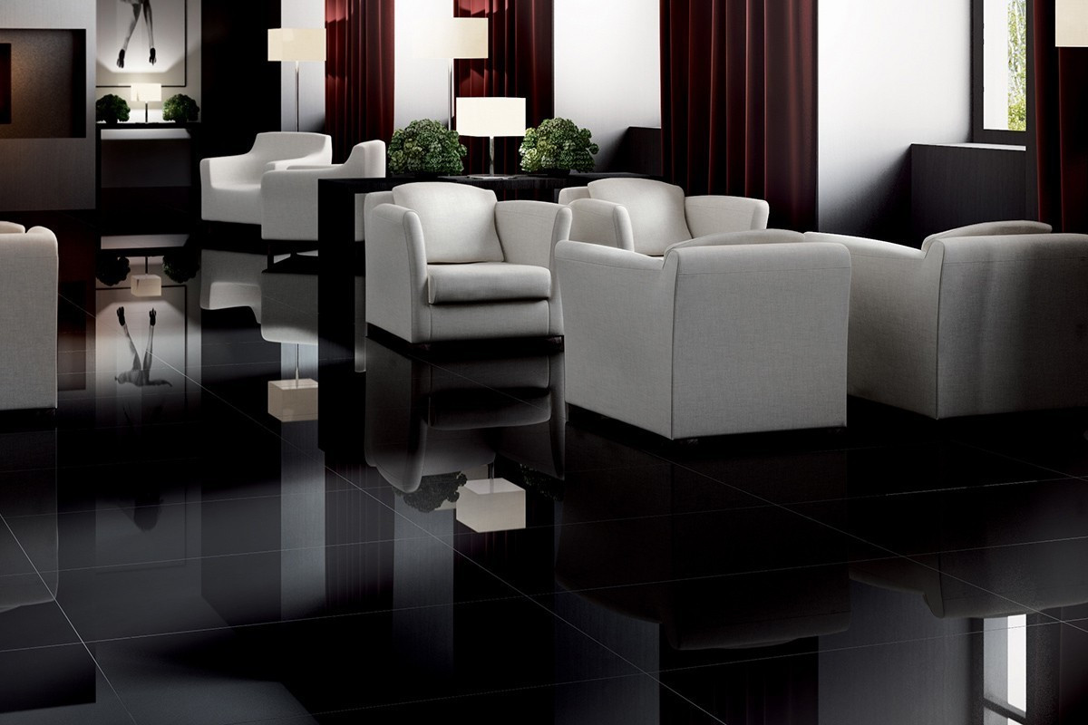 Pavimento in gres porcellanato levigato nero lucido rettificato 60x60 e 60x120