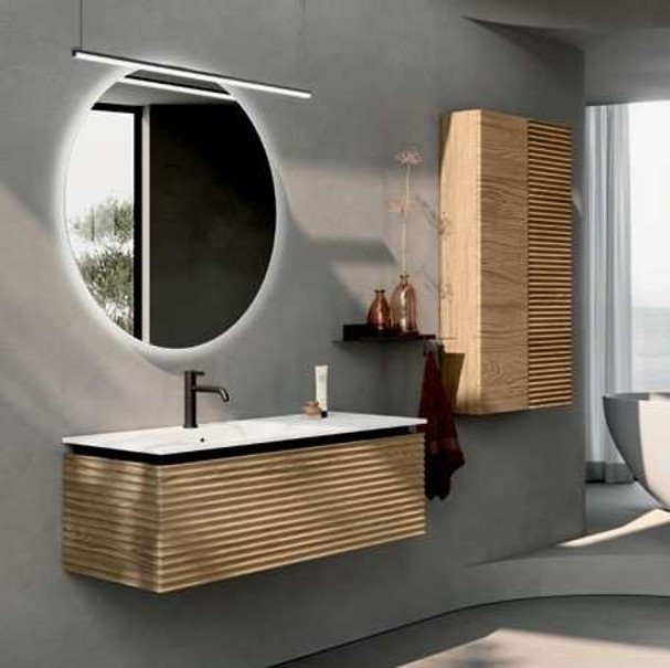 Mobile Bagno Sospeso Rovere Chiaro con Lavabo e Specchio LED | ONDINA.01