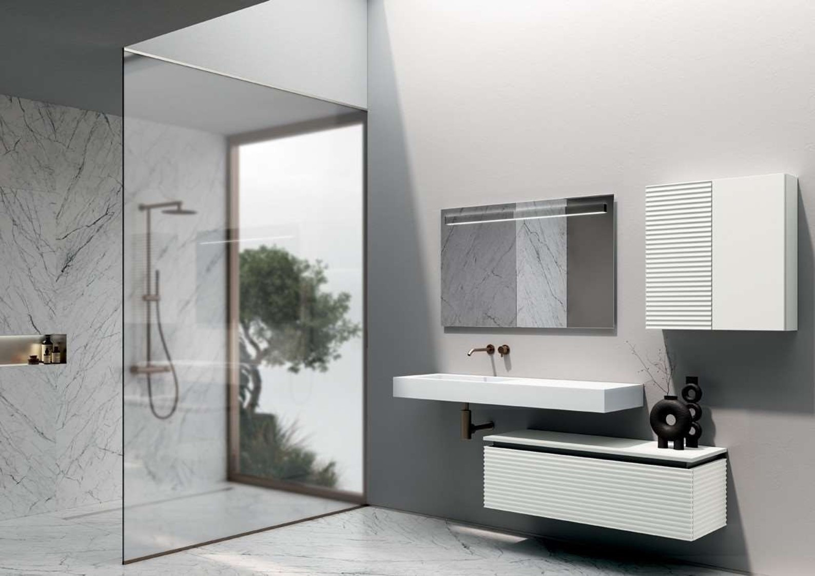 Mobile Bagno Sospeso Bianco Opaco con Lavabo e Specchio LED | ONDINA.03