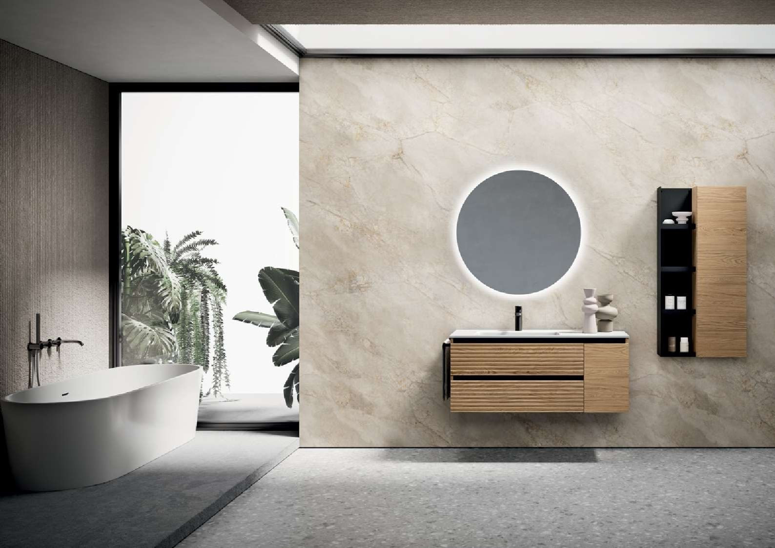 Mobile Bagno Sospeso Rovere Chiaro con Lavabo e Specchio LED | ONDINA.04