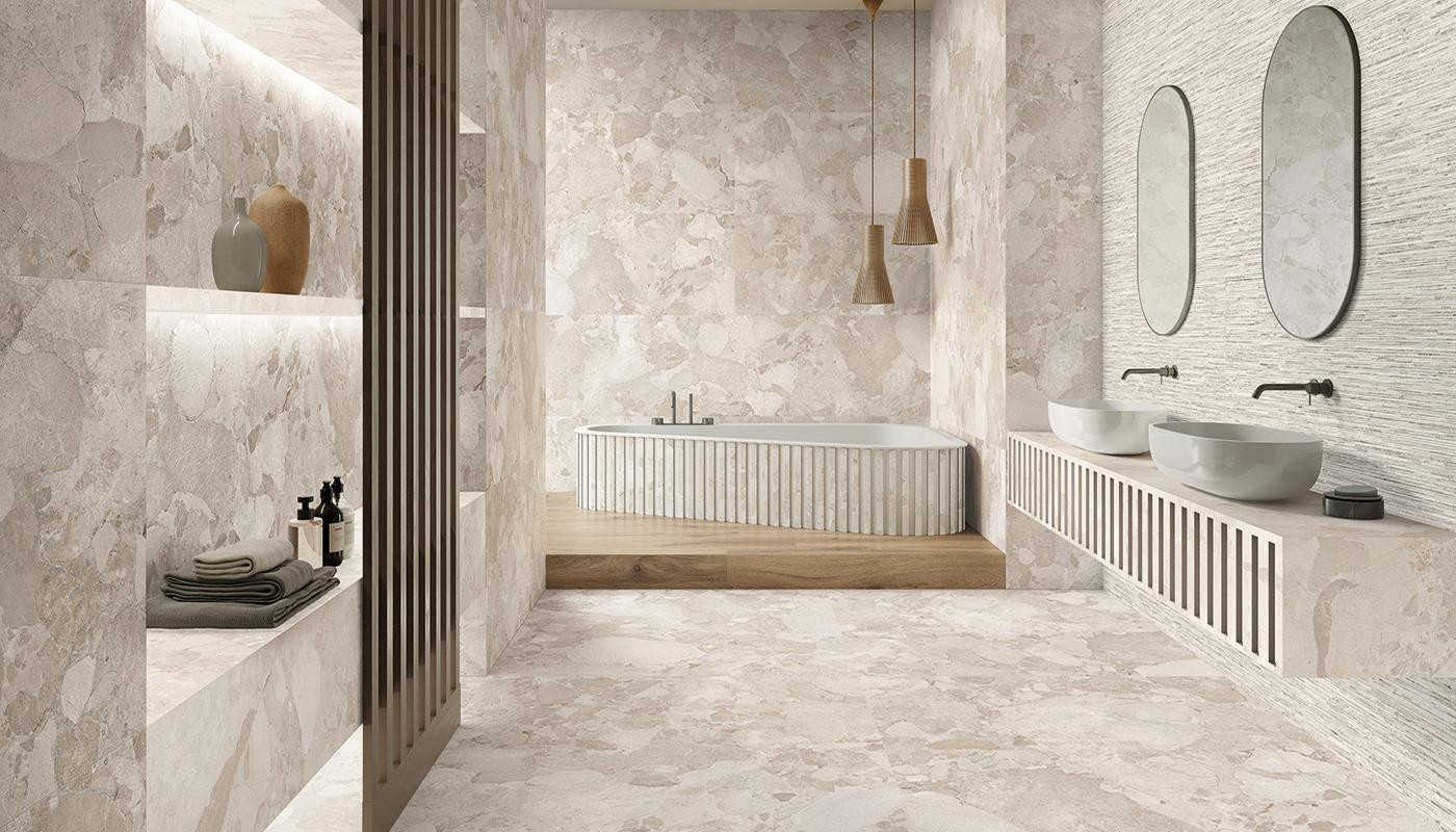 Pavimento in gres porcellanato serie MATERASTONE colore SASSI GREIGE by Ergon