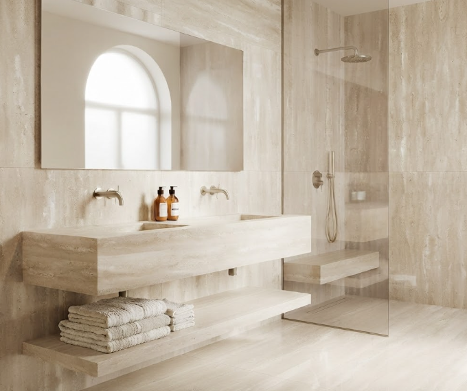 Pavimento e rivestimento in gres porcellanato Veincut Beige Lucido serie TRAVERTINO by Saime Ceramica