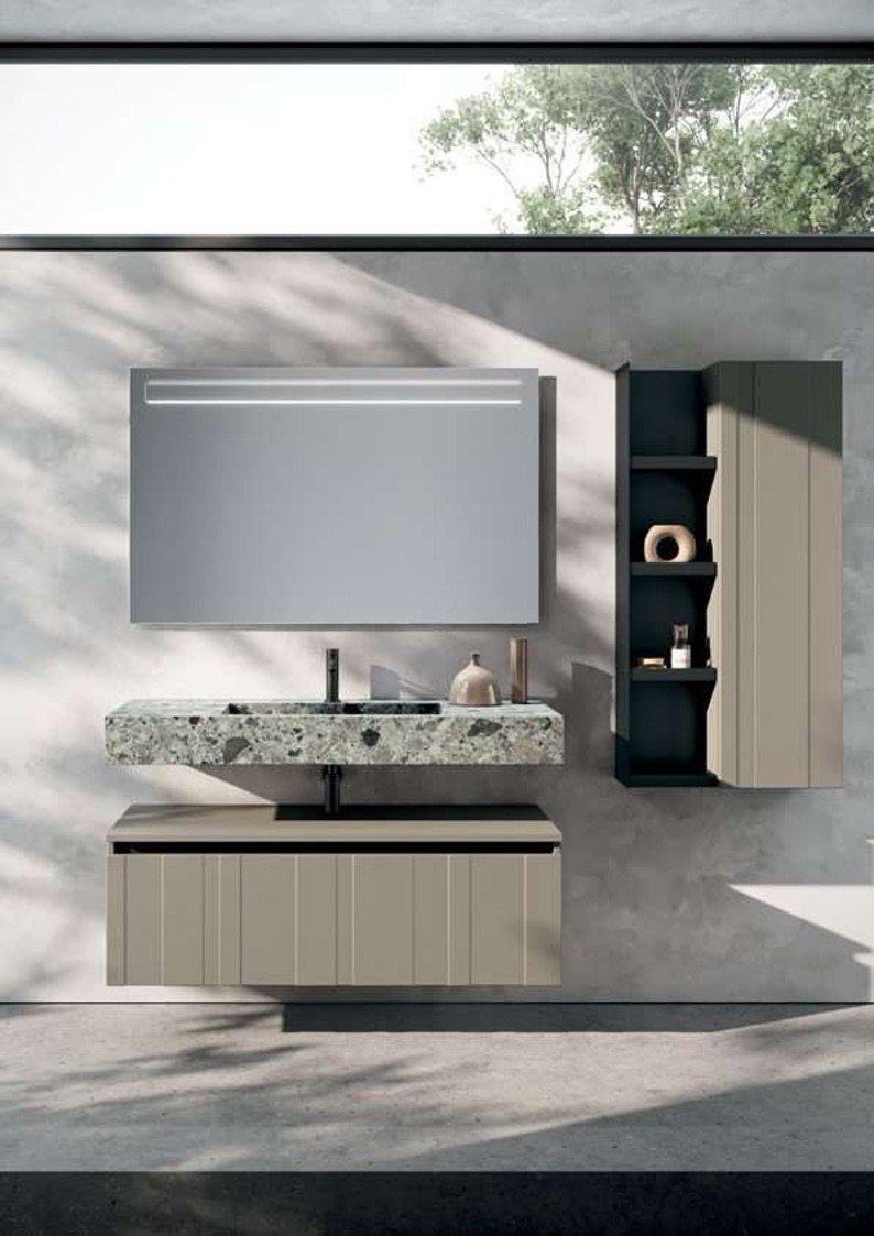 Mobile Bagno Sospeso Tortora Opaco con Lavabo e Specchio Illuminato | TETI.03