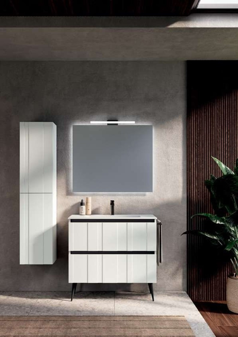Mobile Bagno A Terra Bianco Opaco con Lavabo e Specchio Illuminato | TETI.05