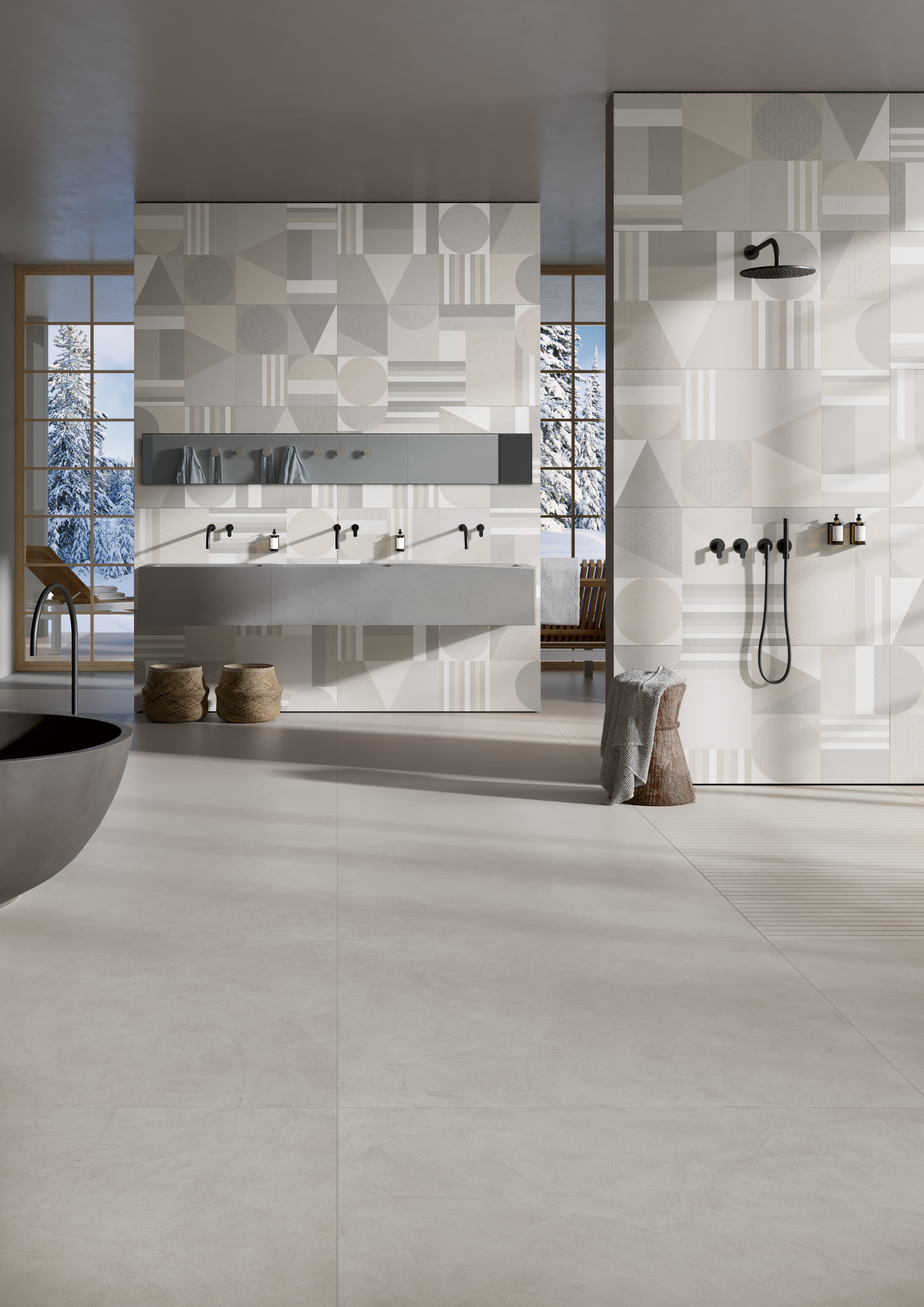 Resin-effect porcelain tile floor in taupe color
