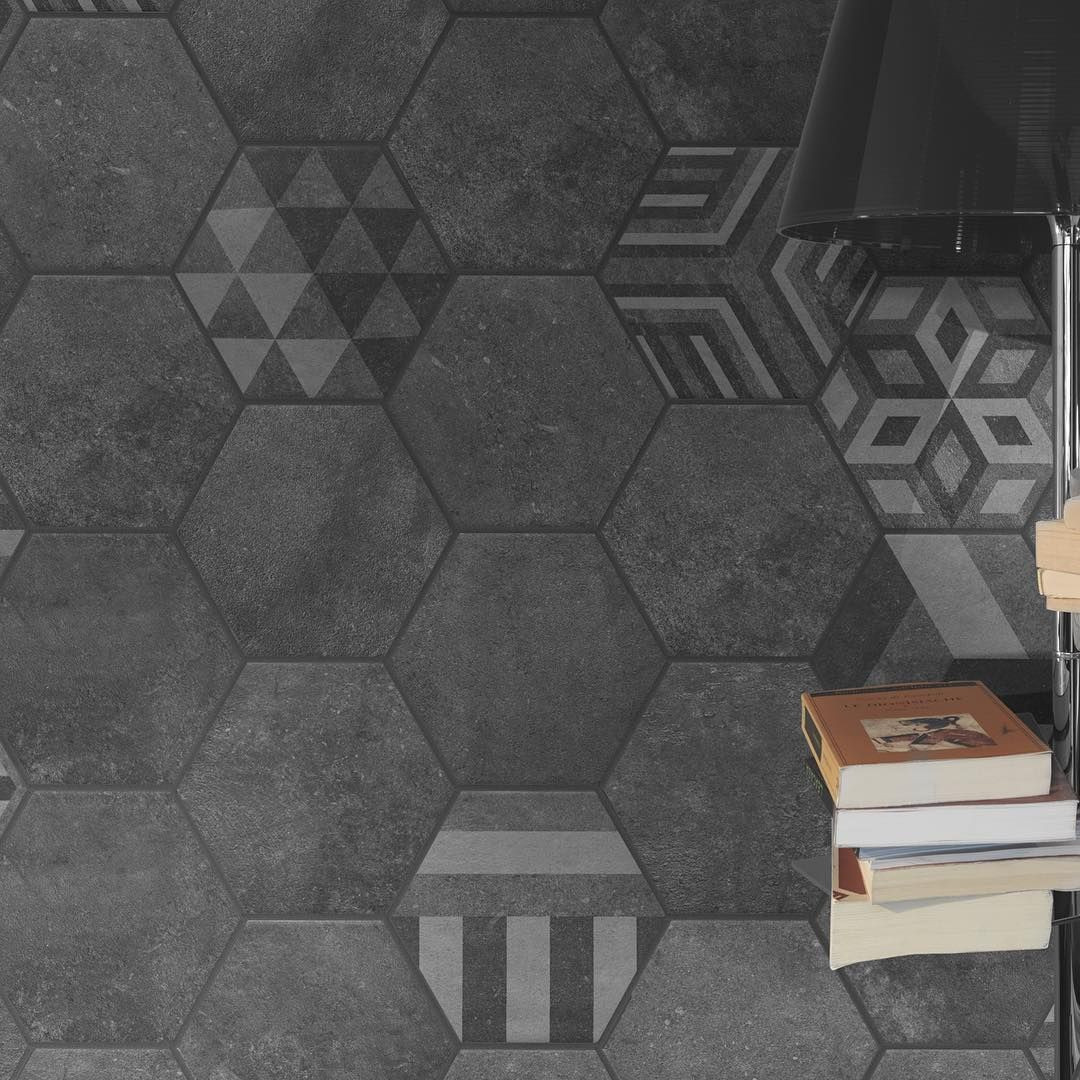 Hexagonal stoneware floor and wall tiles Bibulca Black series 20x17.5 cm
