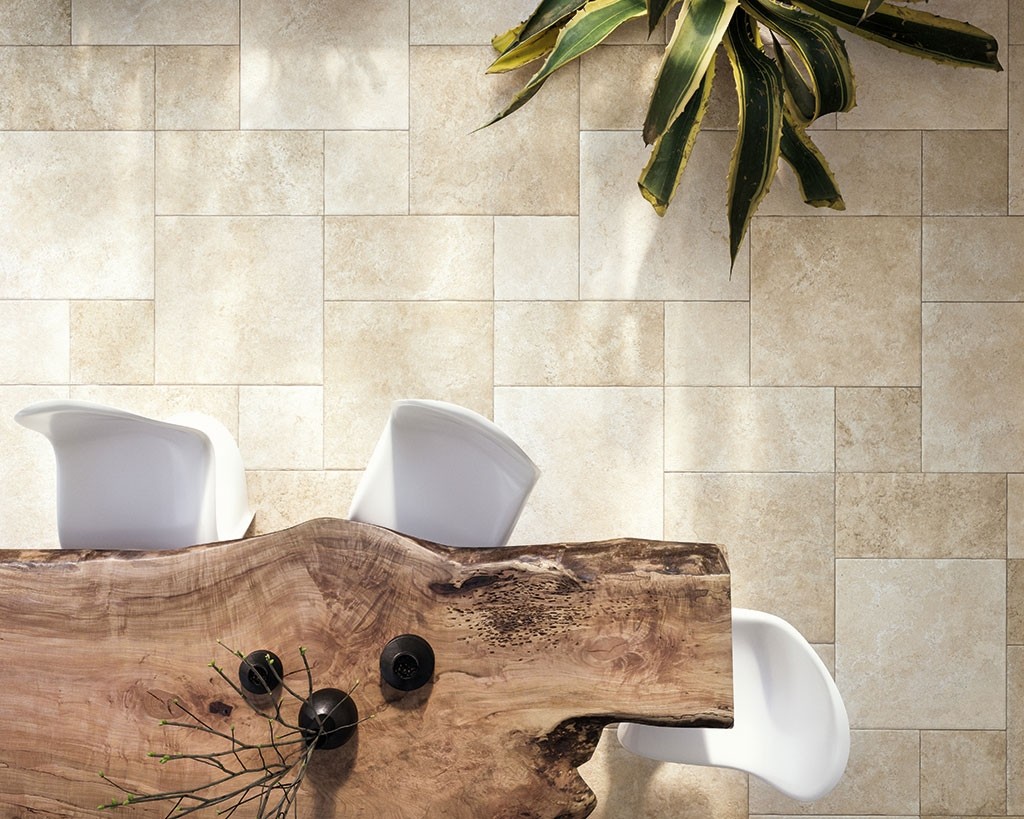 Lecce stone effect porcelain tile floor for outdoor use
