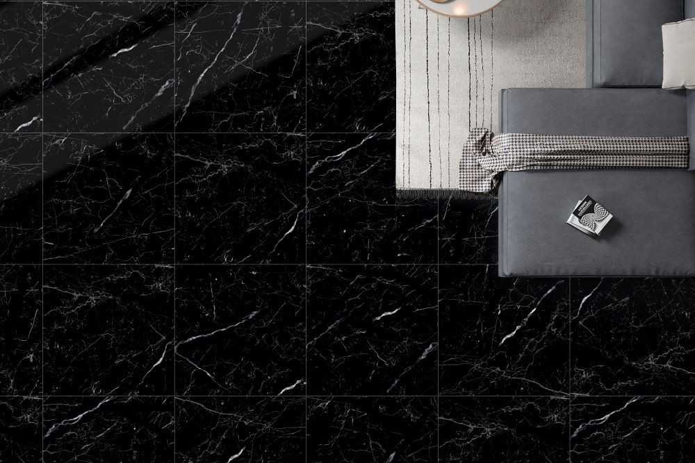 Polished Black Marquinia polished porcelain tile floor with white grain
