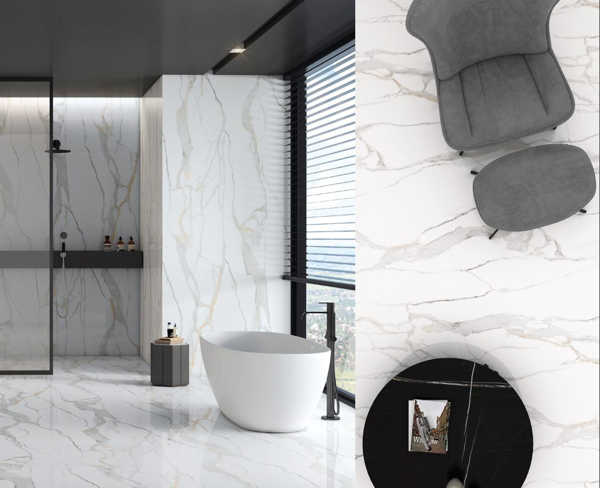 Calacatta Polished Polished Polished Marble effect porcelain tile with continuous vein 60x120 cm
