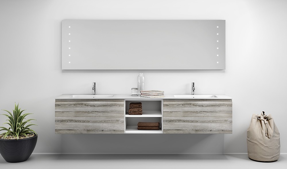 Composition MEDEA 06 washbasin with double bathtub, cabinets and mirror 
