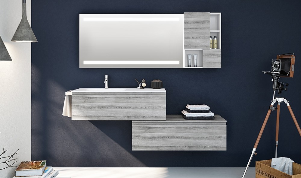 MEDEA 11 composition with double gray oak base, mirror and two-door wall cabinet
