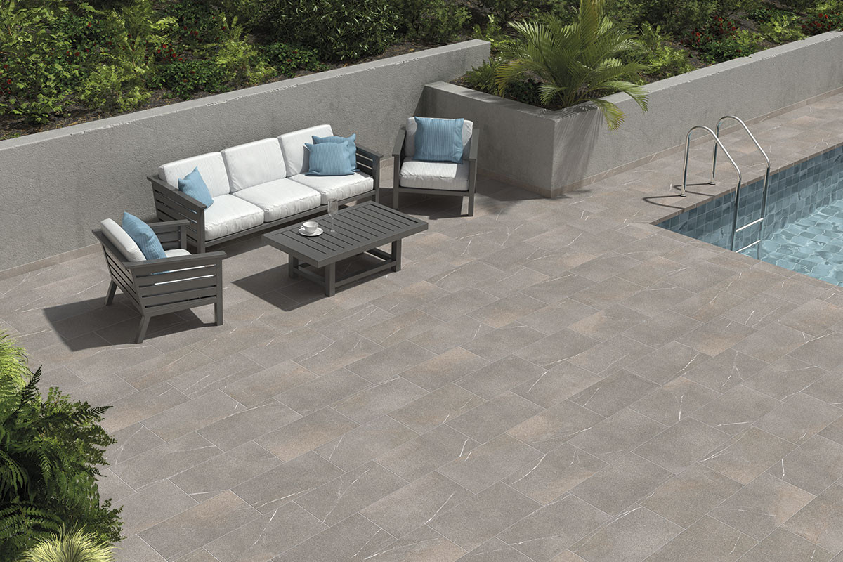 R11 outdoor porcelain tile floor with Piasentina Dark stone effect
