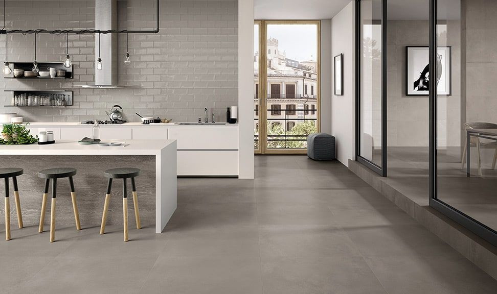 Bertolani porcelain tile floor with GREY CEMENT effect
