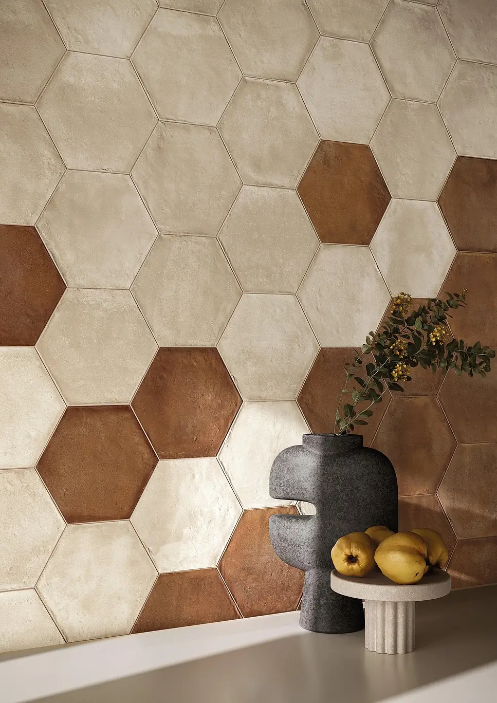 Porcelain stoneware hexagon Forme Avorio series by Emilamica
