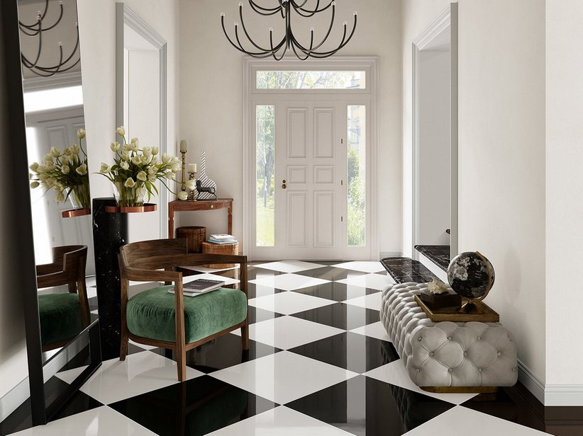 Polished glossy porcelain tile floor with CHECKERBOARD effect 60x60
