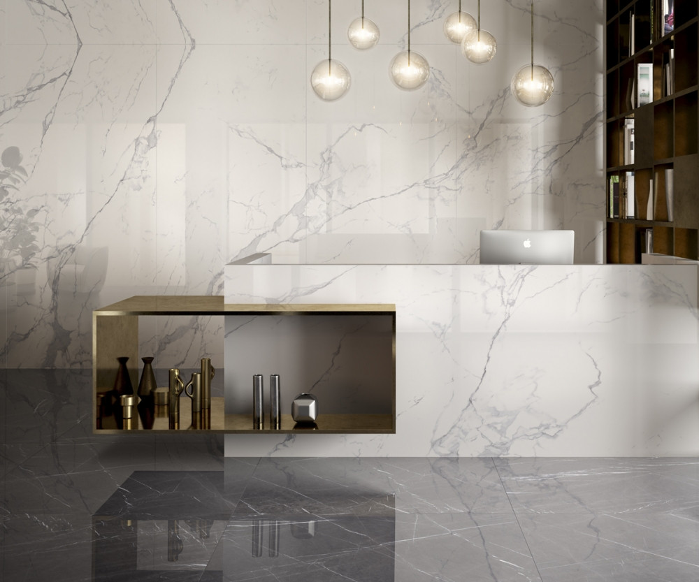 Floor and wall tiles in polished graphite porcelain stoneware 6 mm series Cave By Saime Ceramica
