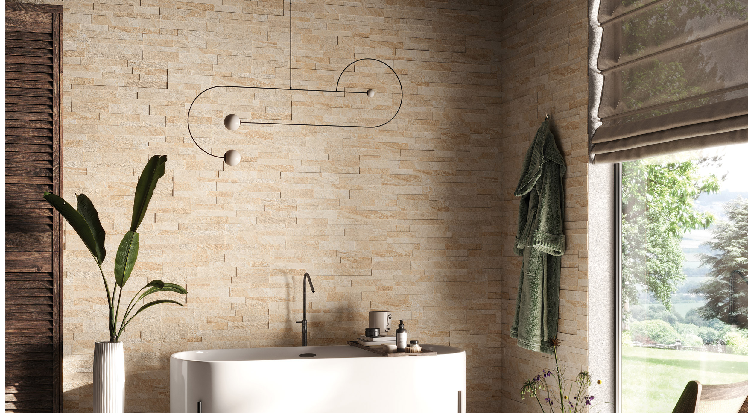 3D wall covering in beige glazed porcelain stoneware, Quarzite series by Ceramica Rondine
