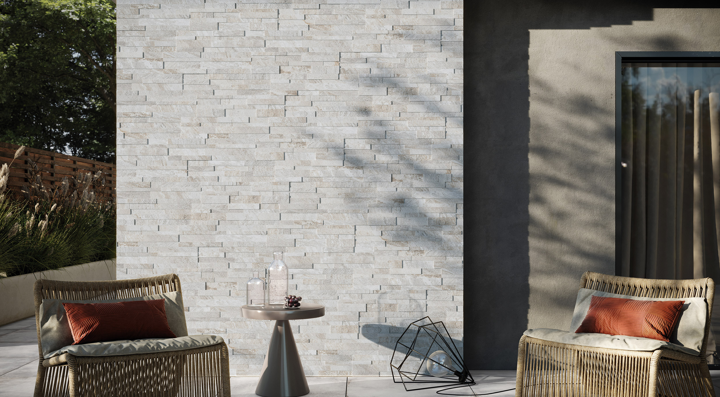 3D wall covering in white glazed porcelain stoneware, Quarzite series by Ceramica Rondine
