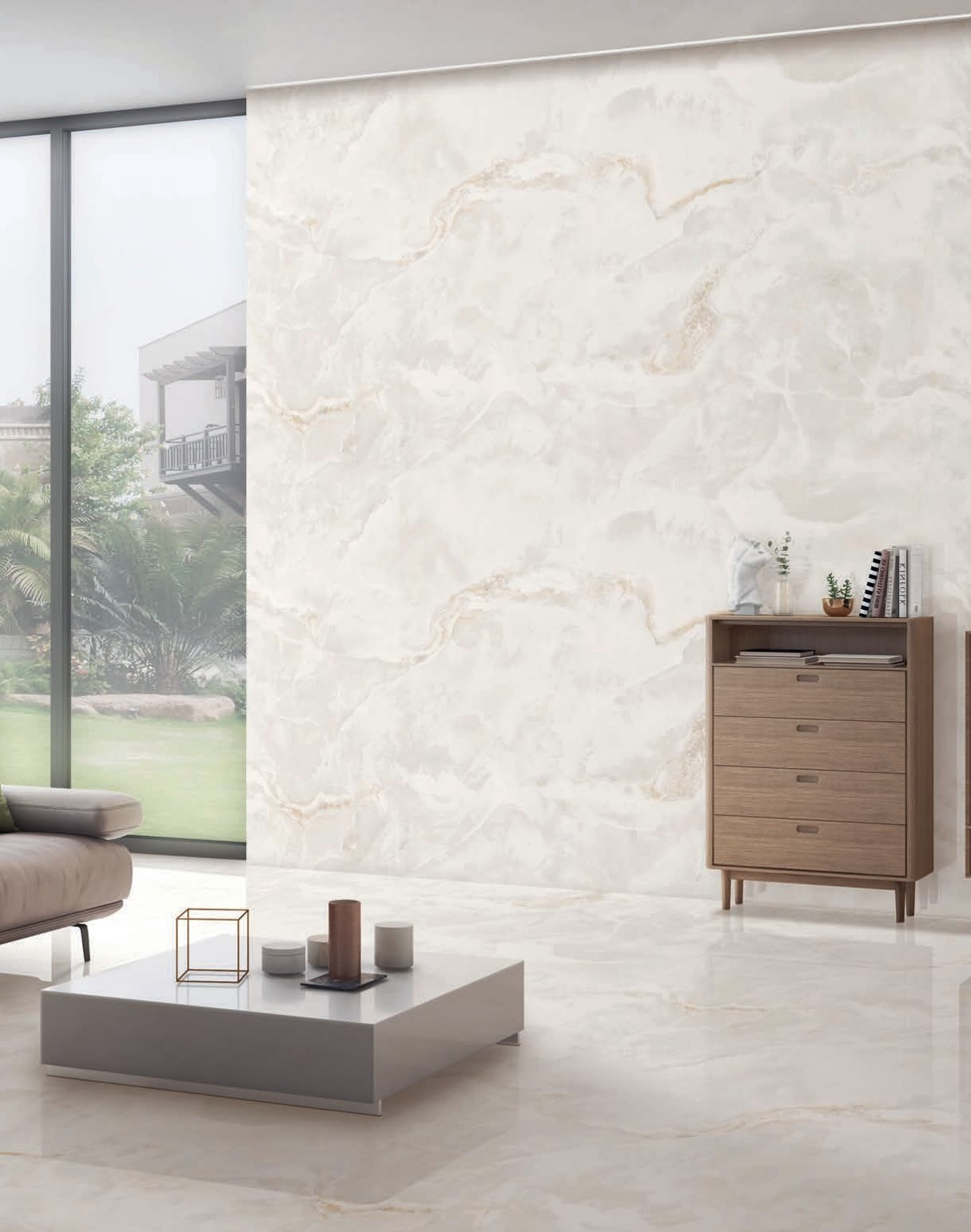 Polished porcelain stoneware floor with White Onyx marble effect by Bertolani Vena Continua

