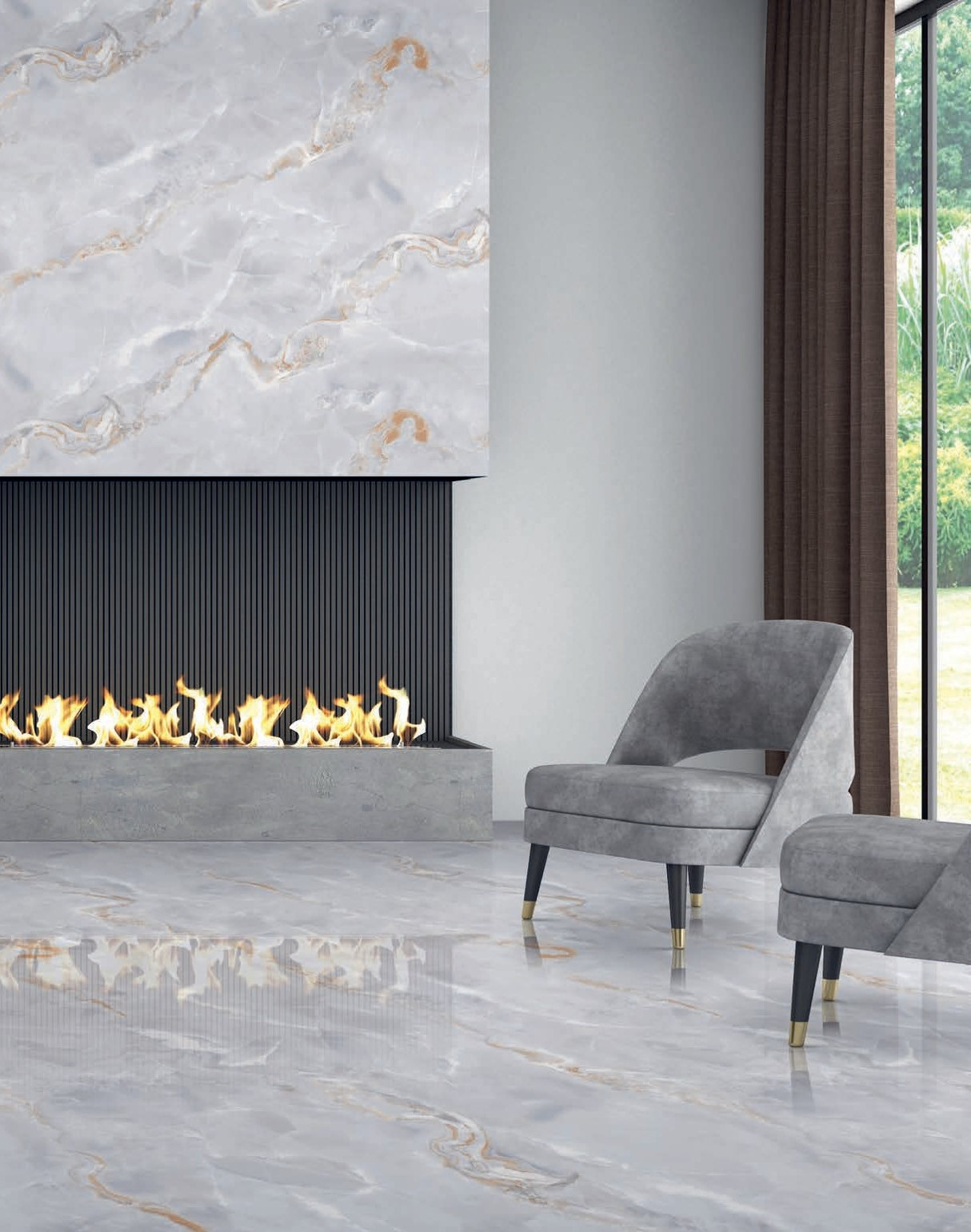 Polished porcelain stoneware floor with gray onyx marble effect by Bertolani Vena Continua
