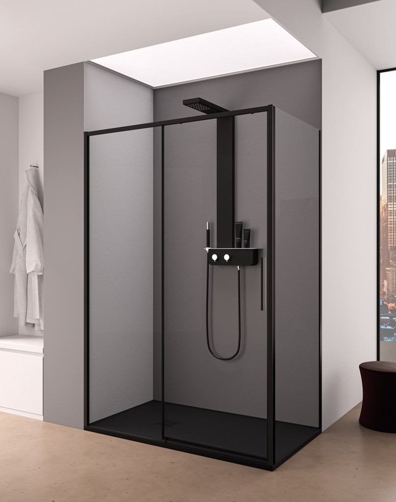 VENEZIA BLACK sliding shower box with fixed door and transparent crystal
