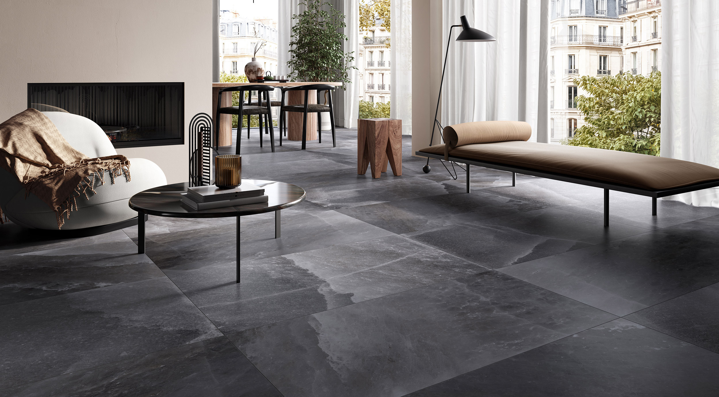 Sol en grès cérame effet granit HIMALAYA de RONDINE couleur BLACK OPACO
